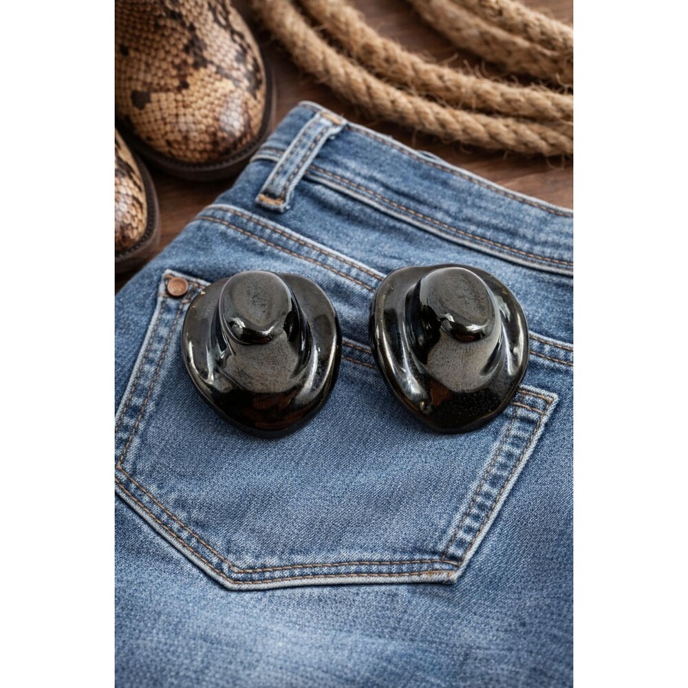 Vintage Black Cowboy Hat Earrings Glossy Western Statement Studs 1980